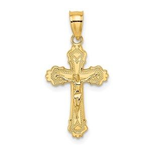 Million Charms 14K W/ Textured Scalloped Edge Crucifix Necklace Charm Pendant